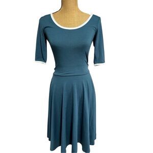 LulaRoe Nicole Ringer Dress Size XS Teal Blue White Trim Fit Flare A Line